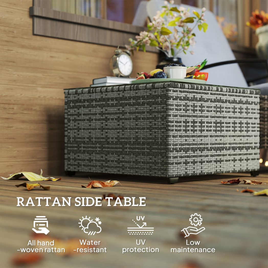 Outdoor Coffee Table with Glass Top, Rattan Side Table