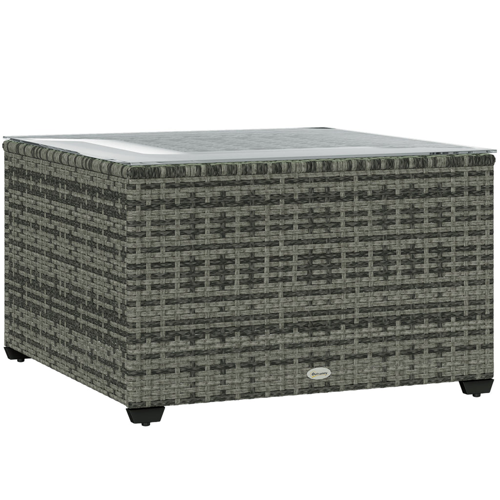 Outdoor Coffee Table with Glass Top, Rattan Side Table Light Grey