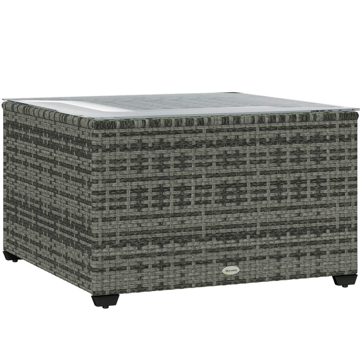 Outdoor Coffee Table with Glass Top, Rattan Side Table Light Grey