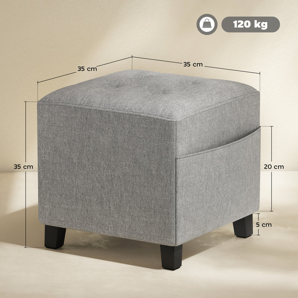 Square Footstool, Small Ottoman with Side Pocket, Linen Fabric Footrest with Rubber Wood Legs and Padded Seat, Light Grey