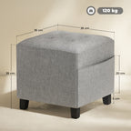Square Footstool, Small Ottoman with Side Pocket, Linen Fabric Footrest with Rubber Wood Legs and Padded Seat, Light Grey