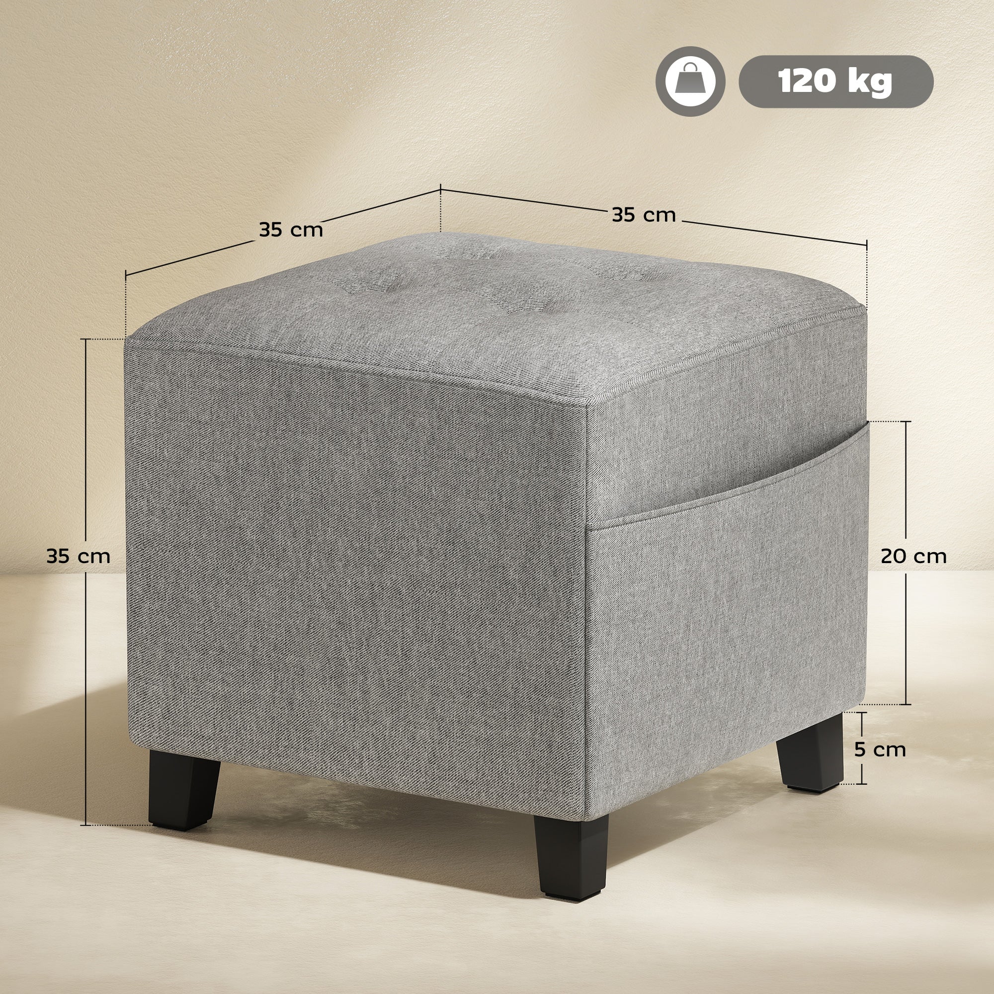 Square Footstool, Small Ottoman with Side Pocket, Linen Fabric Footrest with Rubber Wood Legs and Padded Seat, Light Grey