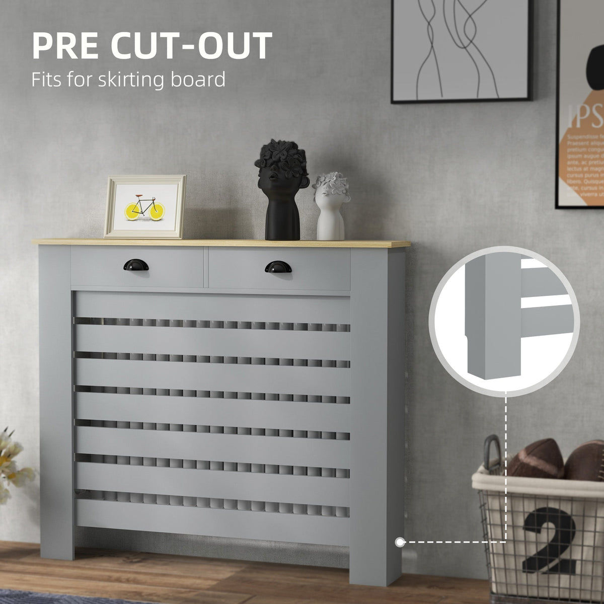 Radiator Cover with Drawer, Horizontal Slat, 78cm
