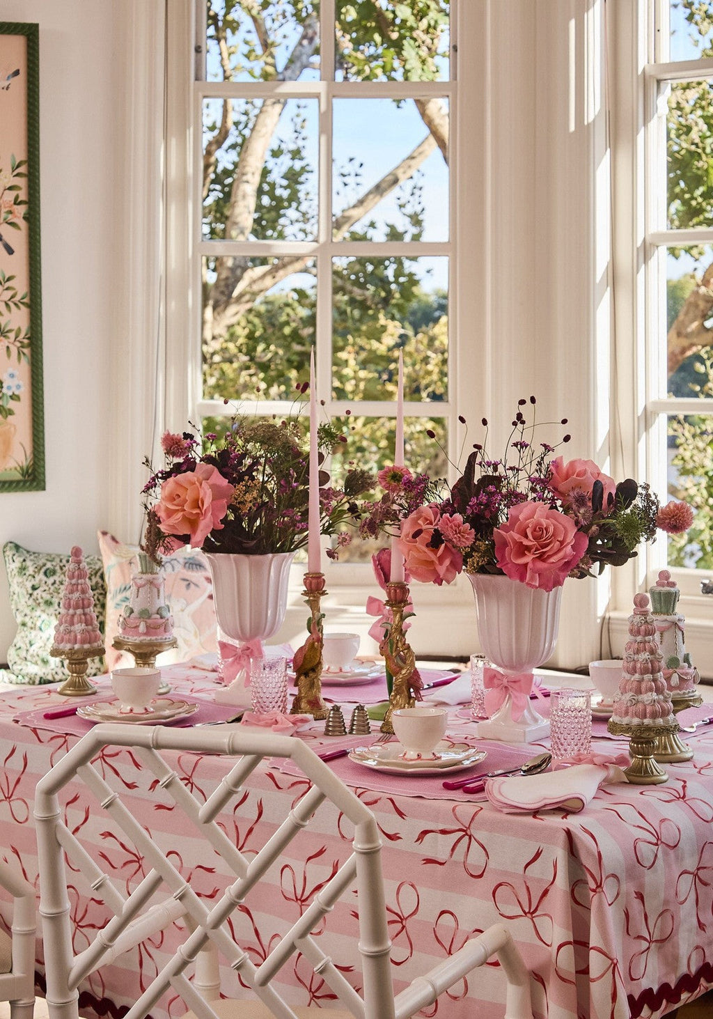 Kensington Bow Pink Cotton Tablecloth with Ric Rac