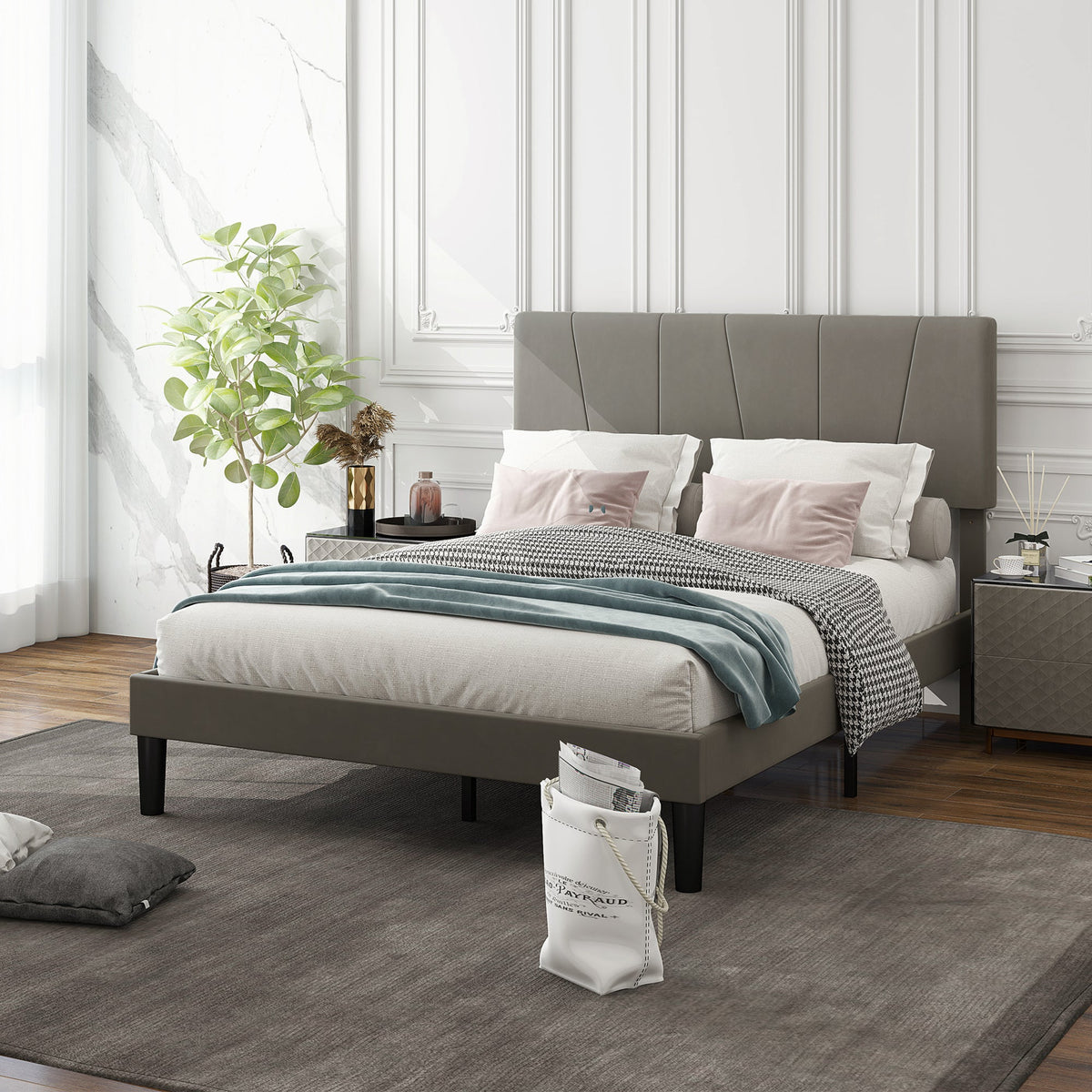 Double Bed Frame with 5-Level Adjustable Headboard Wooden Slats