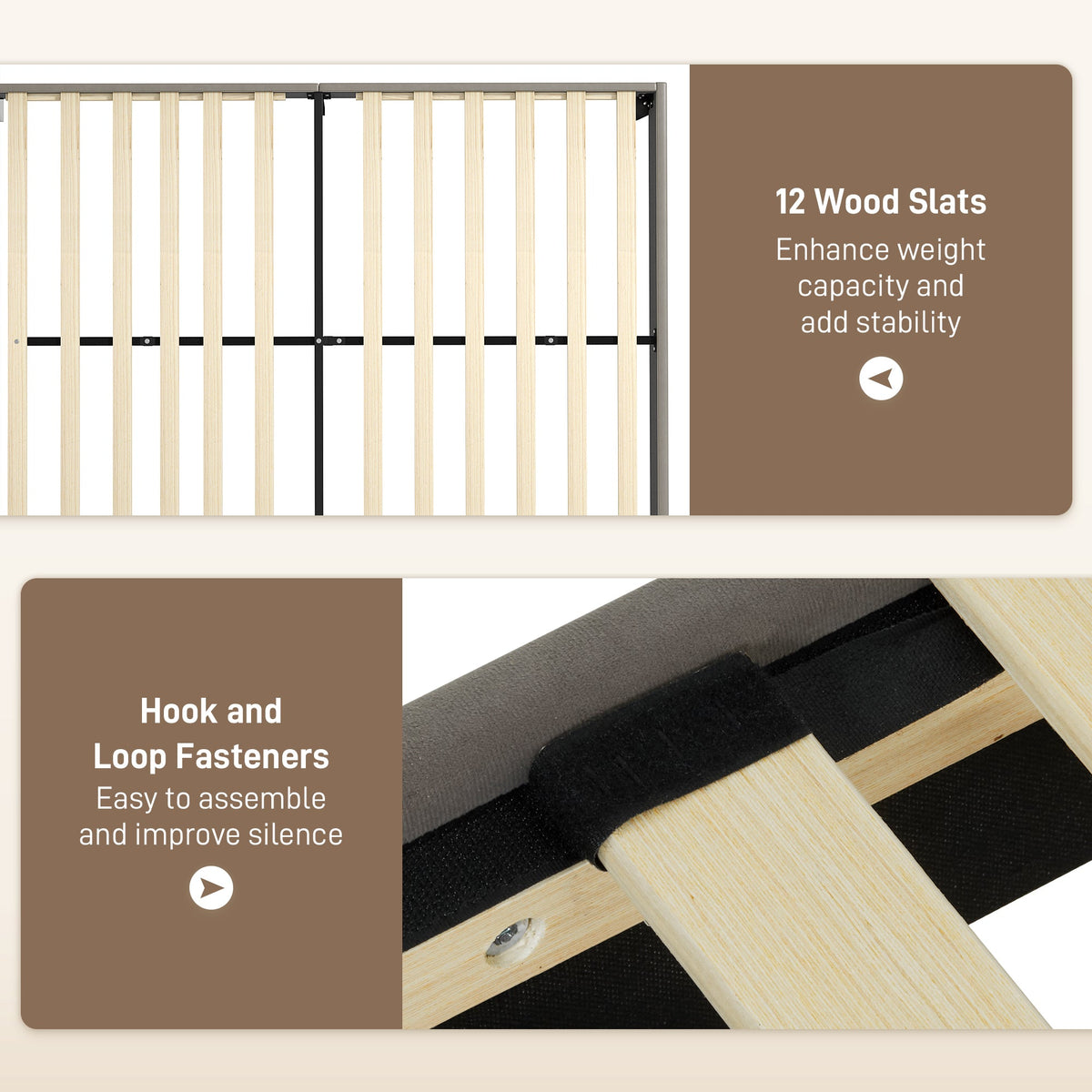 Double Bed Frame with 5-Level Adjustable Headboard Wooden Slats