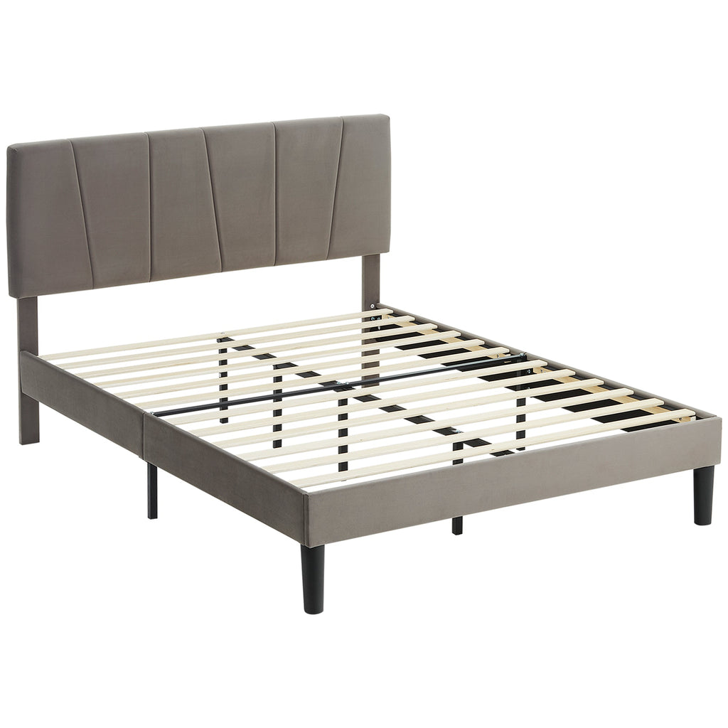 Double Bed Frame with 5-Level Adjustable Headboard Wooden Slats