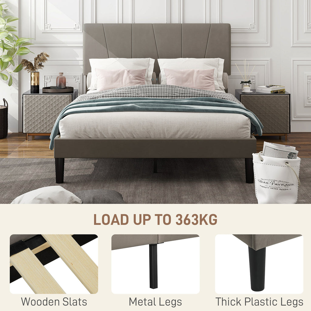 Double Bed Frame with 5-Level Adjustable Headboard Wooden Slats