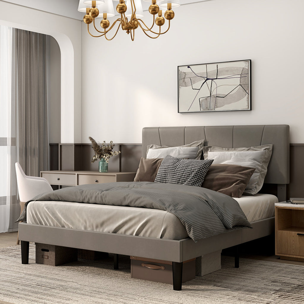 Double Bed Frame with 5-Level Adjustable Headboard Wooden Slats