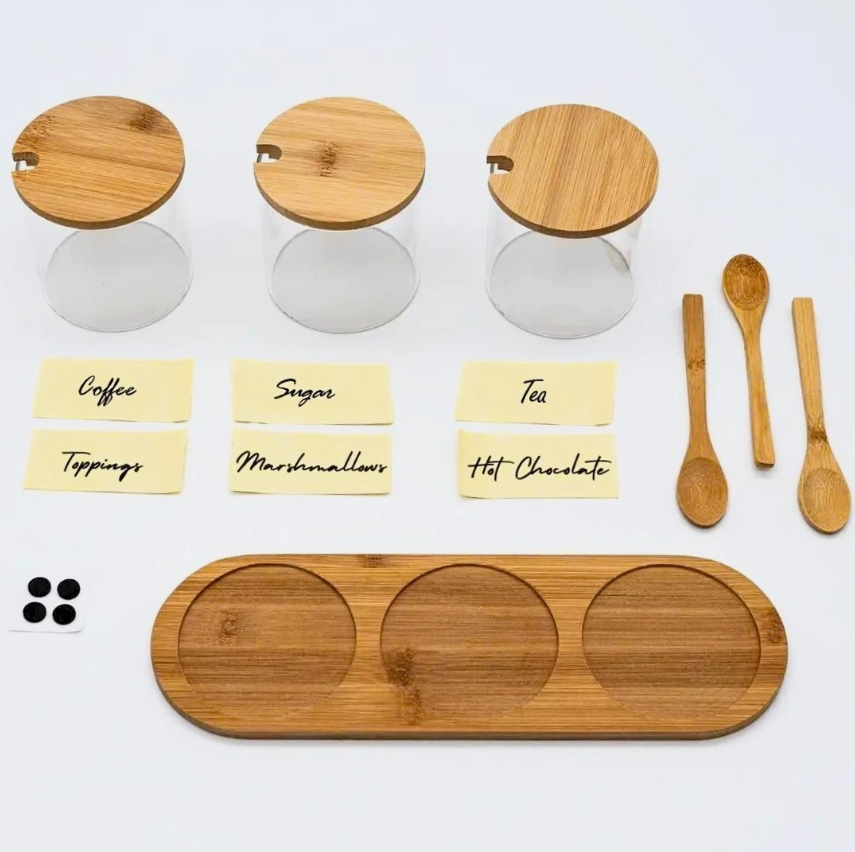 Glass Jar Kitchen Station Set with Wooden Tray Labels and Spoons