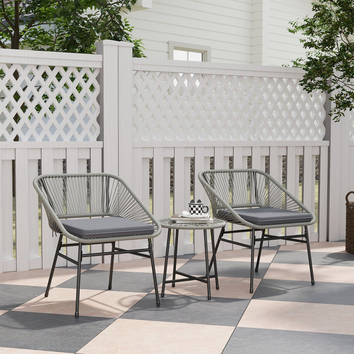 Rattan Bistro Set, Small Balcony Furniture with Cushion, Light Grey in Grey