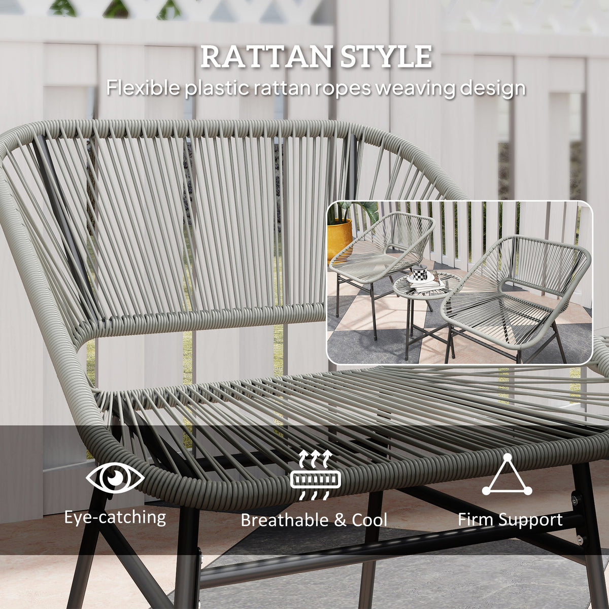 Rattan Bistro Set, Small Balcony Furniture with Cushion, Light Grey in Grey