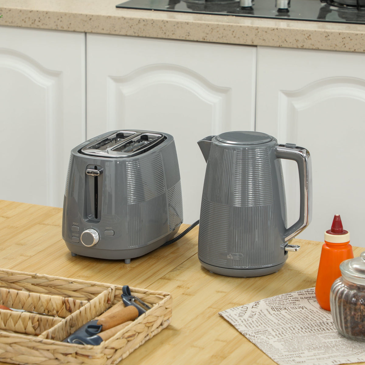 1.7L Fast Boil Electric Kettle and 2 Slice Water Toaster Set, Grey