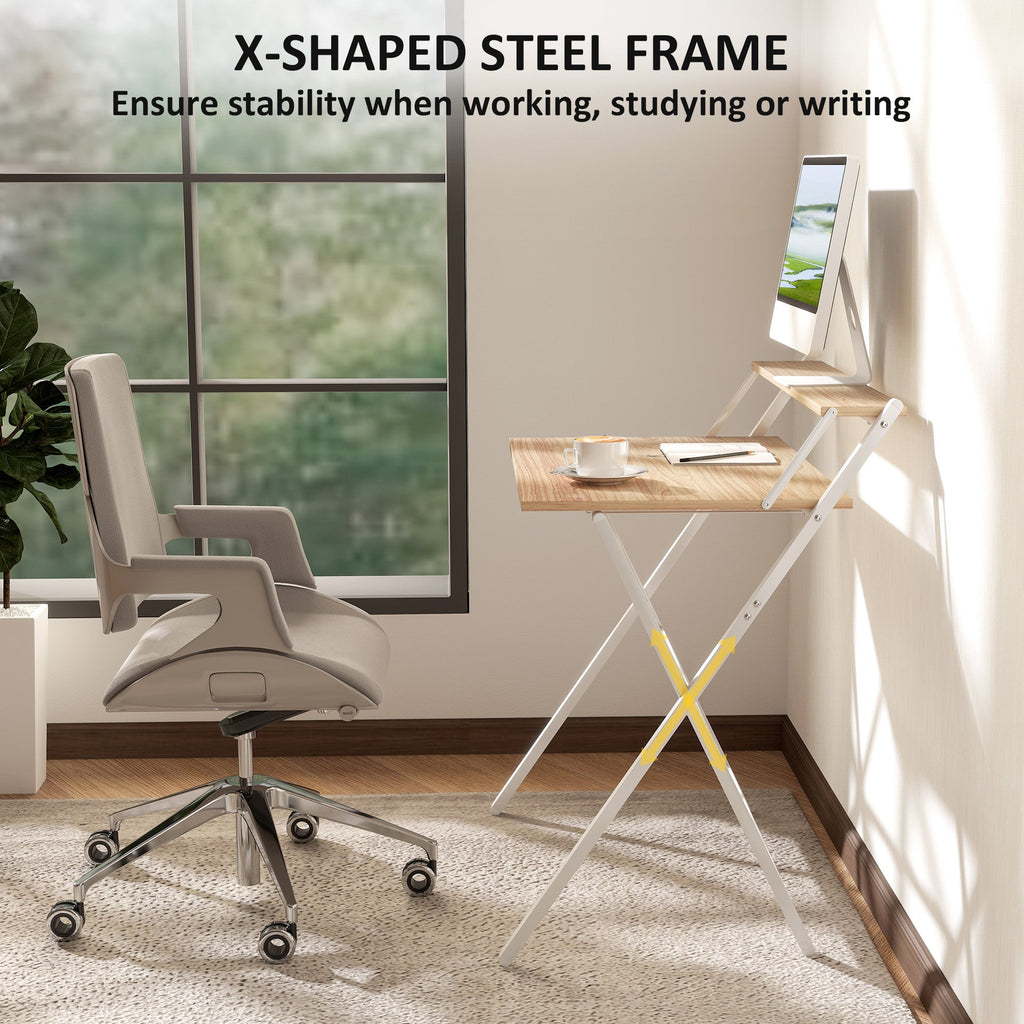 Folding Computer Desk with Monitor Shelf - Natural Wood Finish 81.5 cm