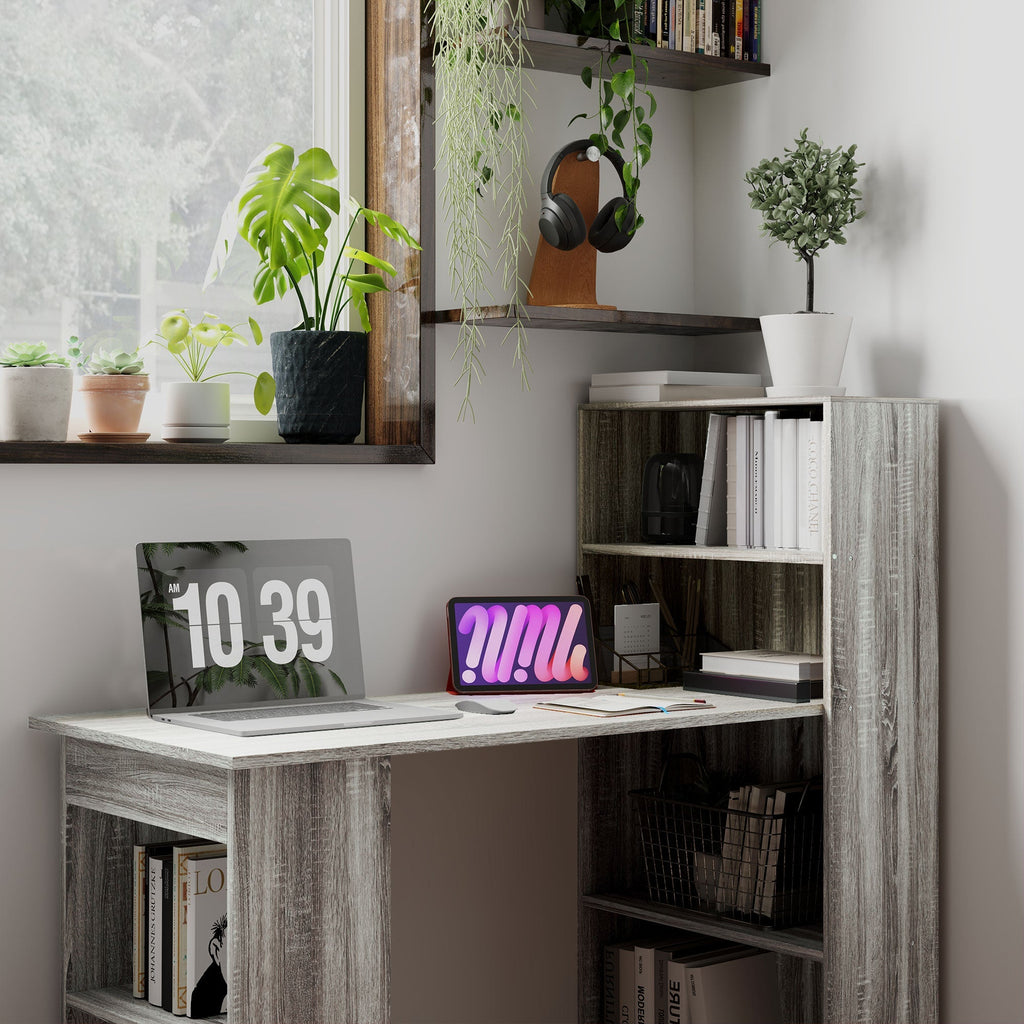 120cm Modern Computer Desk Bookshelf Study Table Workstation PC Laptop Writing Home Office 6 Shelves, Grey Wood-Effect