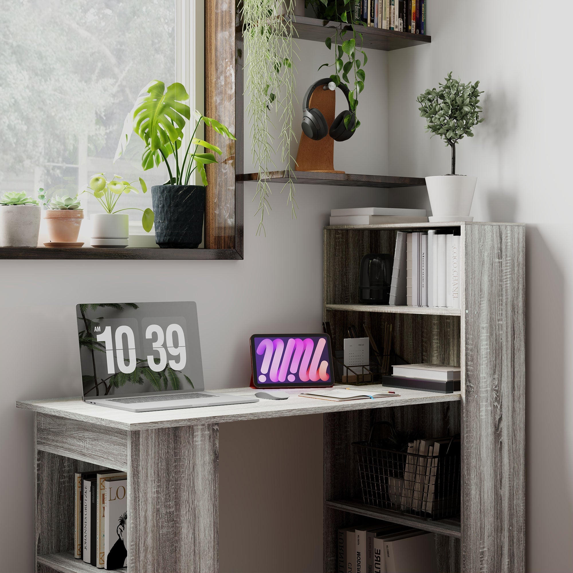 120cm Modern Computer Desk Bookshelf Study Table Workstation PC Laptop Writing Home Office 6 Shelves, Grey Wood-Effect