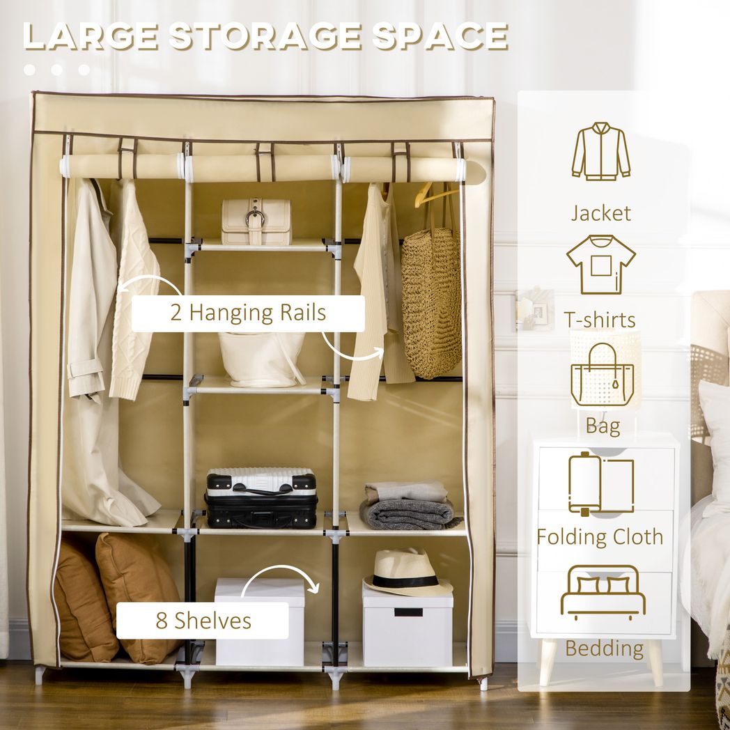Fabric Portable Wardrobe with 8 Shelves 2 Hanging Rails