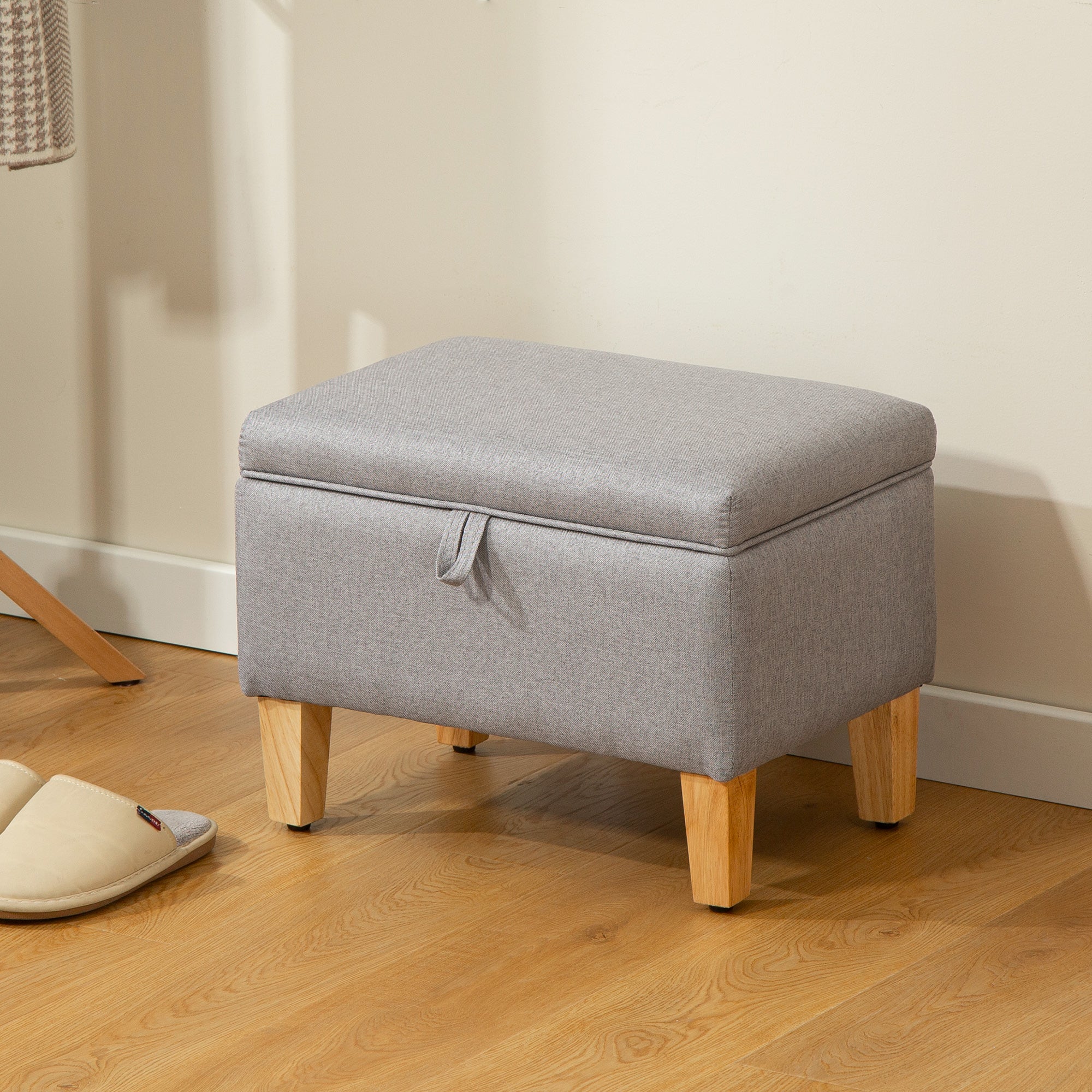 16L Linen Storage Ottoman Padded Footstool with Rubberwood Legs, Light Grey Light Grey