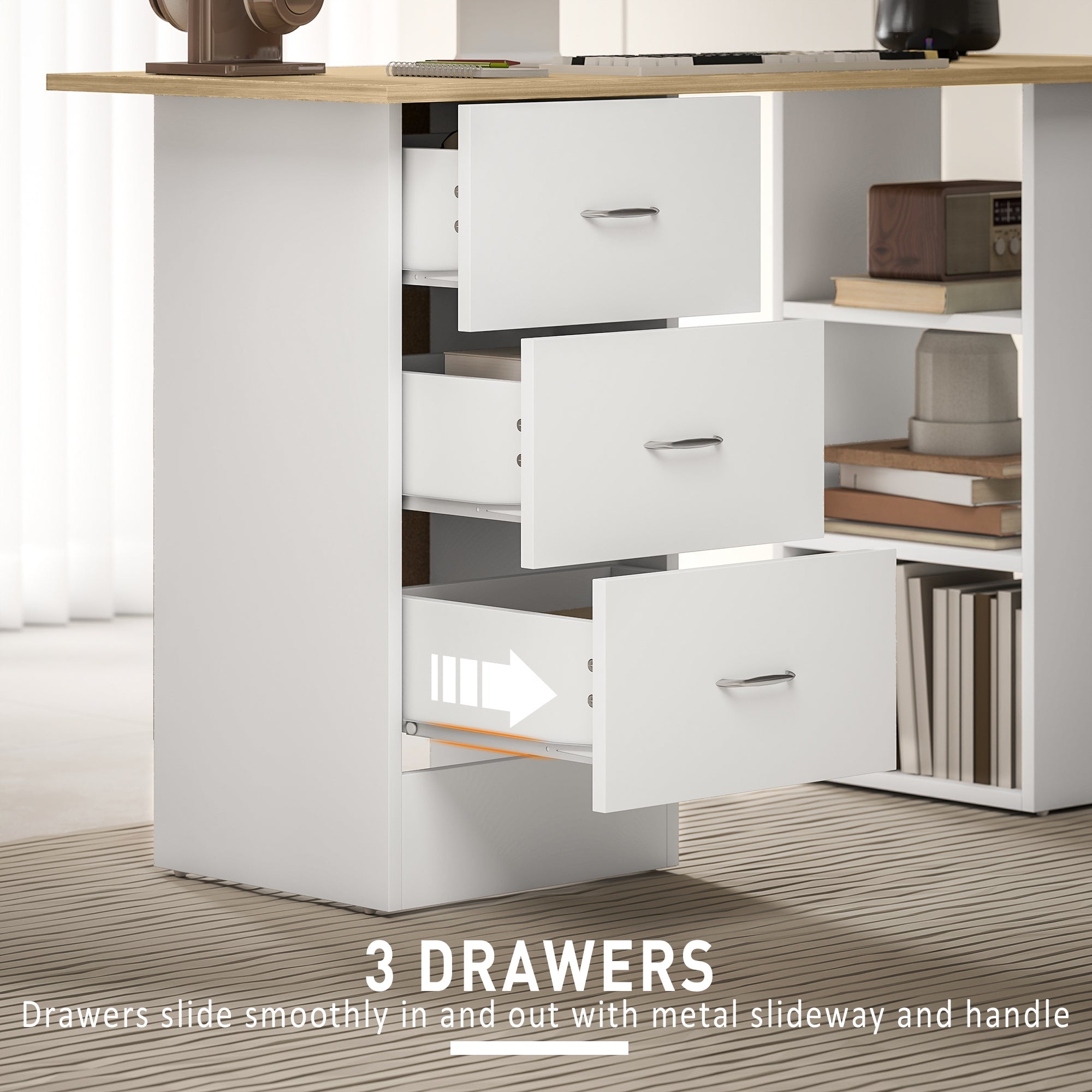 Computer Desk, Writing Table, PC Workstation with 3 Storage Shelves and Drawers, Silver Handle, for Home Office, Natural Wood Finish and White