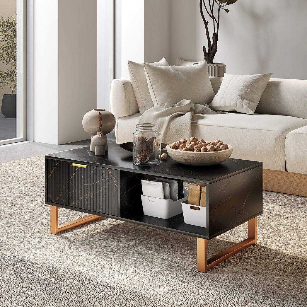 Coffee Table, Living Room Table with Drawer and Open Shelves