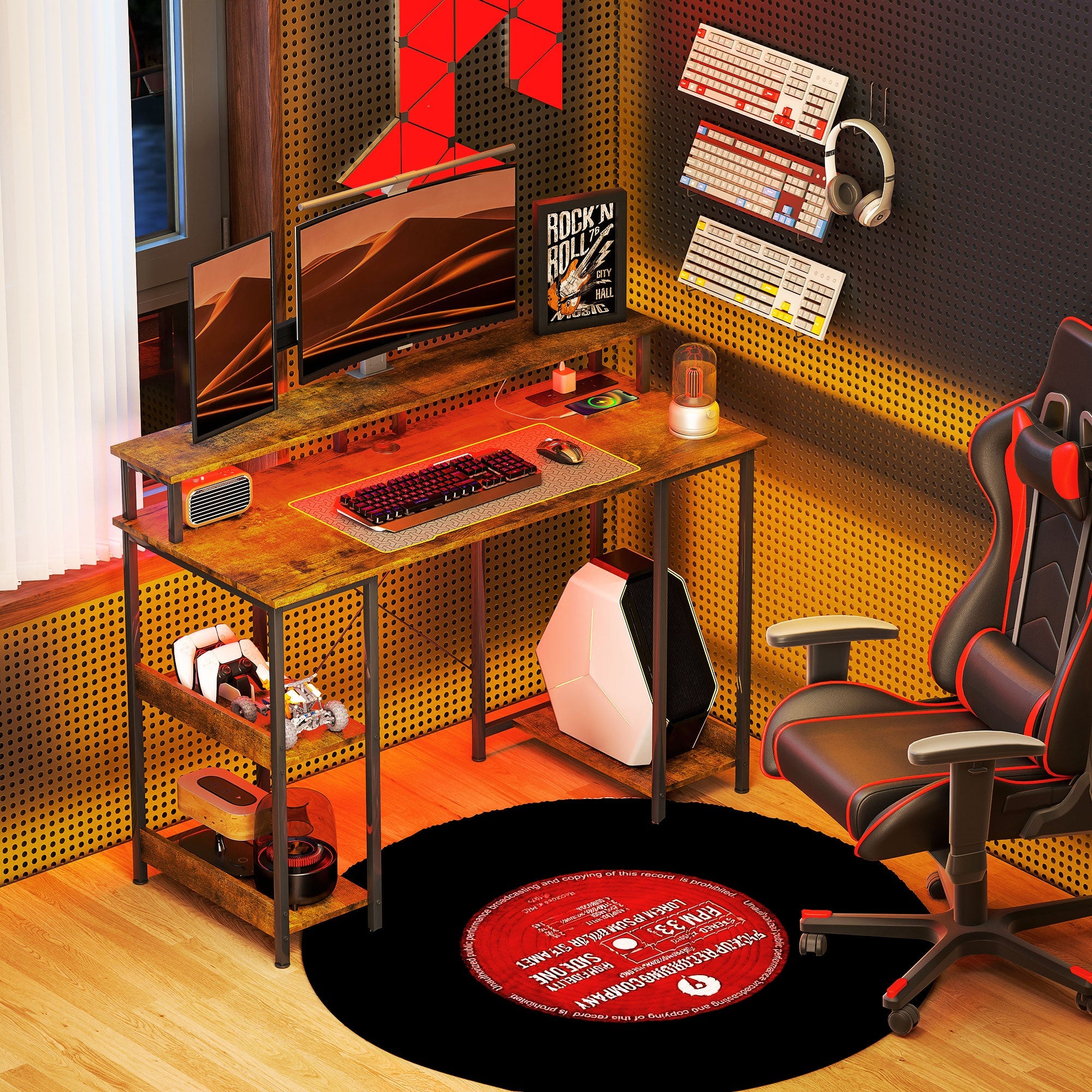 Computer Desk with Power Outlets and LED Lights, 120 x 50cm Reversible Home Office Desk with Monitor Stand and 2-Tier Storage Shelves, Gaming Desk with Cable Management, Rustic Brown