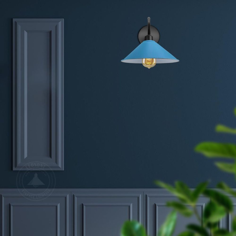 Blue Wall Light Fixture,Black Wall Sconce E27 Base Socket Screw Type Wall Mounted Swan Neck Cone Shape Shade