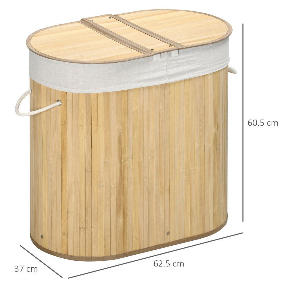 Bamboo Laundry Basket with Lid, 100 Litres Laundry Hamper with 2 Sections, Removable Washable Lining, Washing Baskets, 62.5 x 37 x 60.5cm, Natural