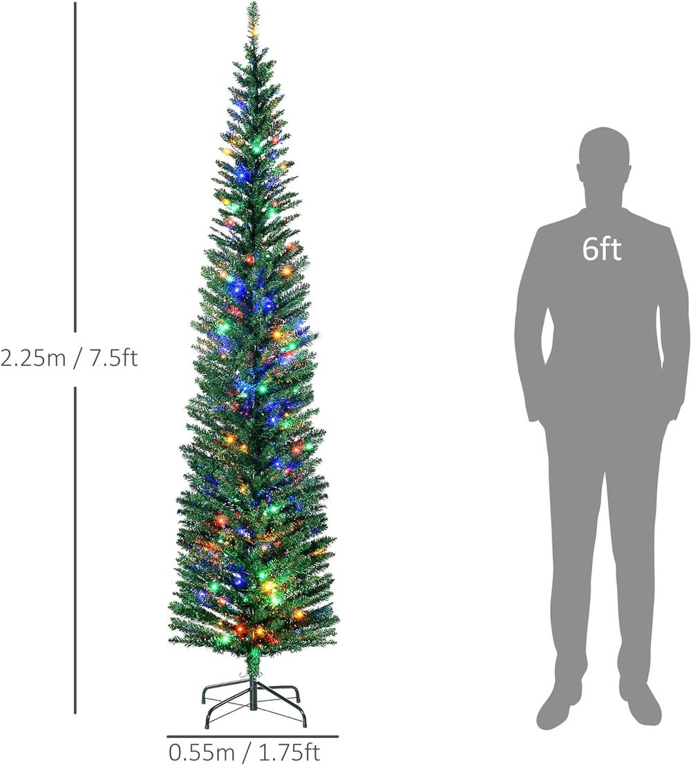 7.5ft Artificial Pencil Christmas Tree with Colourful Lights, Steel Base