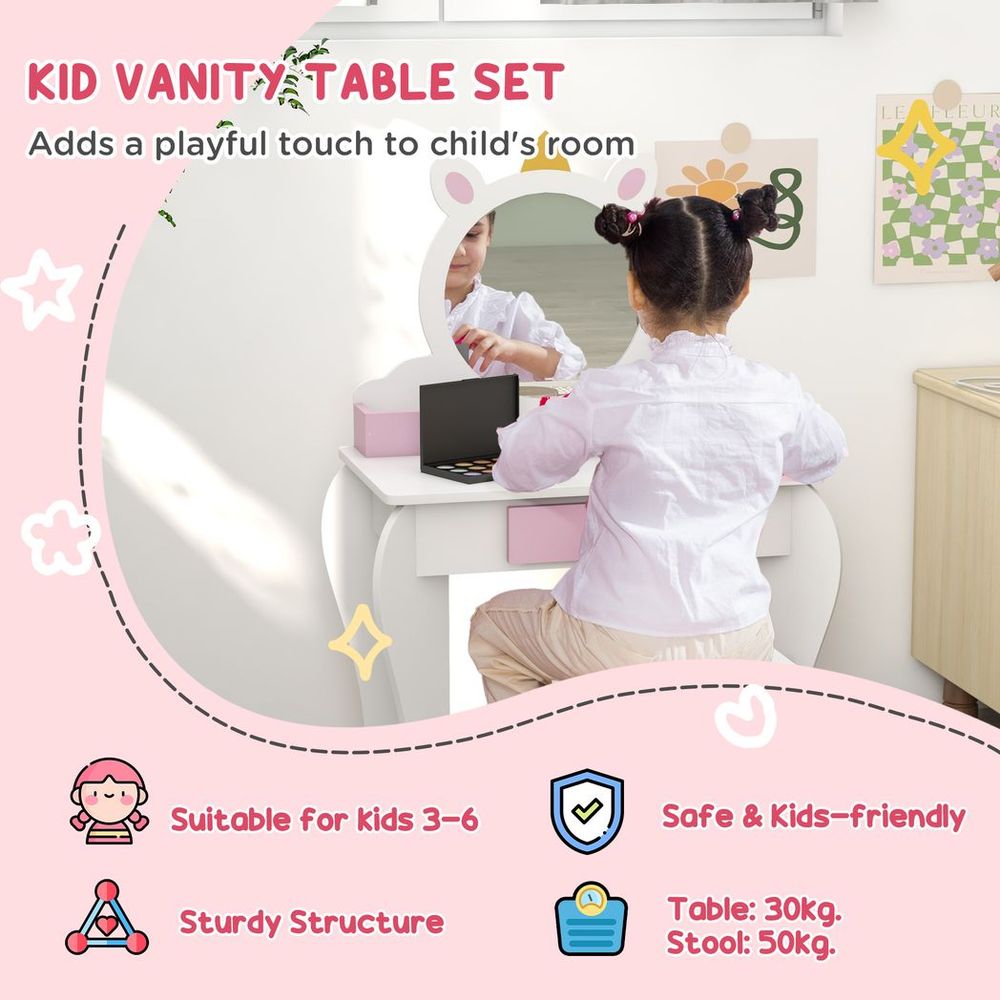 Kids Dressing Table with Mirror and Stool, Drawer, Storage Boxes - White