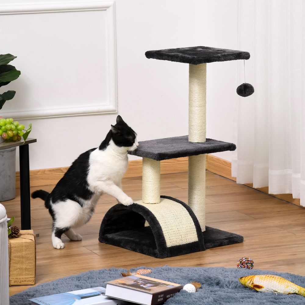 Cat Tree Tower for Indoor Cats, 72cm Climbing Activity Centre w/Sisal Scratching Post, Pad, Arc Perch, Hanging Ball, Toy - Black