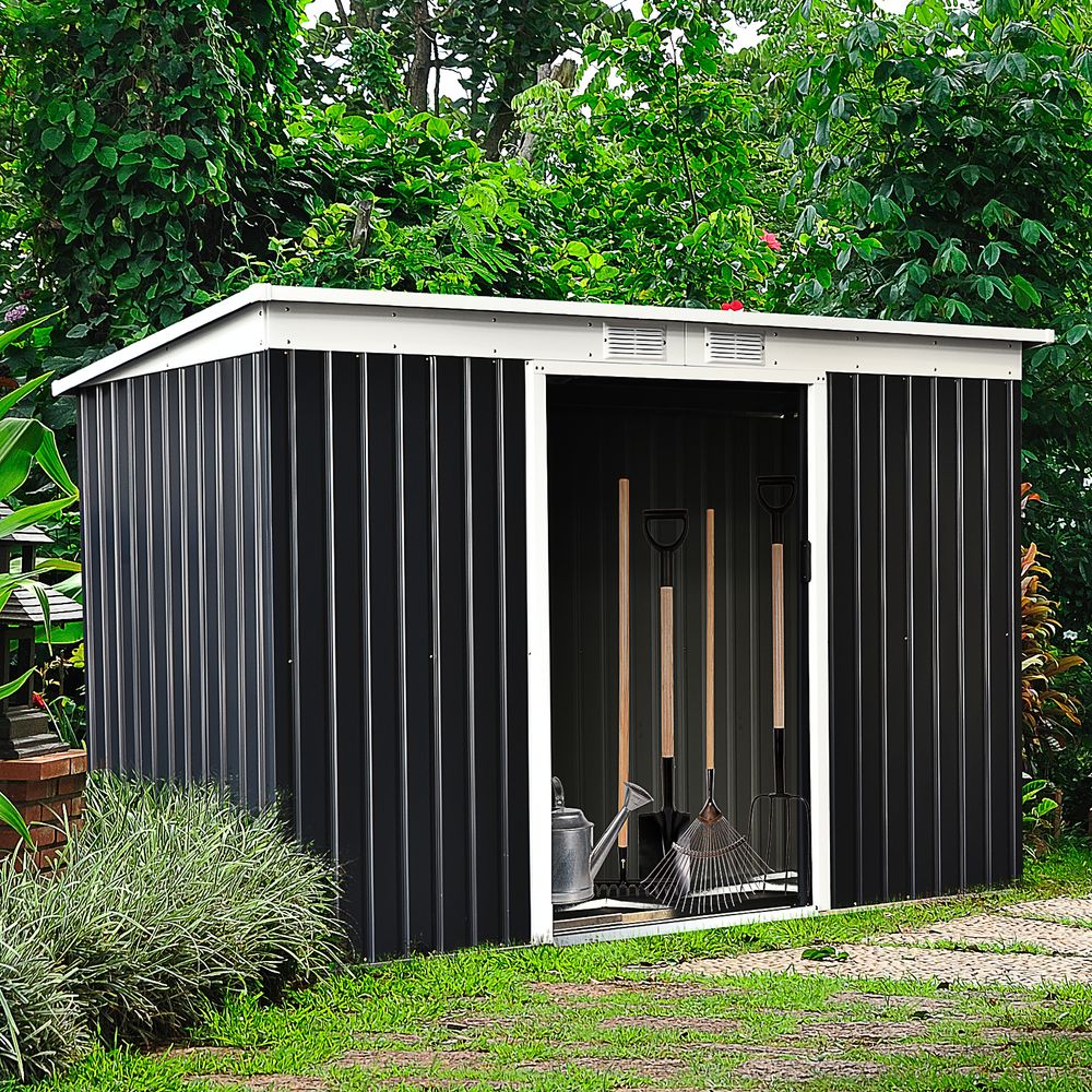9ft x 4ft Metal Garden Shed, Outdoor Tool House with Foundation Kit, Ventilations and Double Doors, Dark Grey