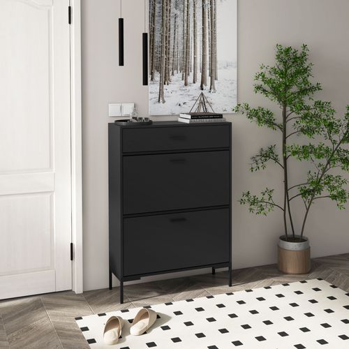 3-Drawer Shoe Cabinet with Adjustable Shelf for 12 Pairs of Shoes, Narrow Shoe Storage Cabinet with 2 Flip Doors for Hallway, Entryway, Black