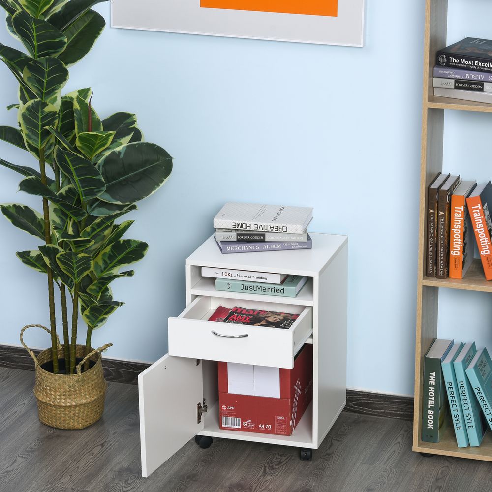60cm Storage Cabinet w/Drawer Open Shelf Metal Handles 4 Wheels Office Home Organiser Mobile Printer White