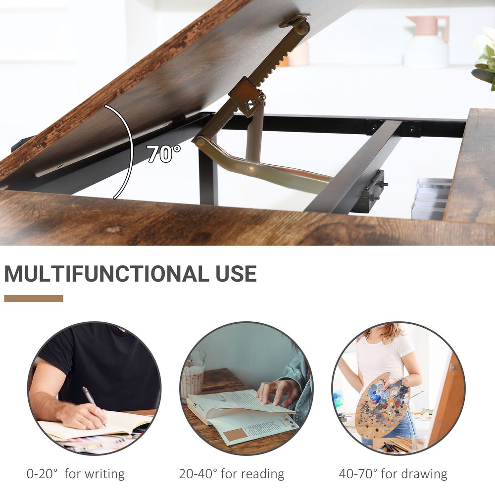 Adjustable Drafting Table Art Desk Drawing Table, Craft Desk Workstation for Painting, Multifunctional Writing Desk w/ 15-Level Tiltable Tabletop and Storage Shelf, Home Office, Rustic Brown