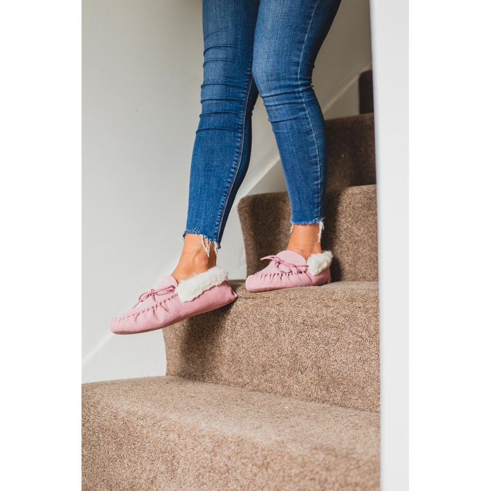 Womens Sheepskin Suede Moccasin Slippers With Suede Sole - 418-100