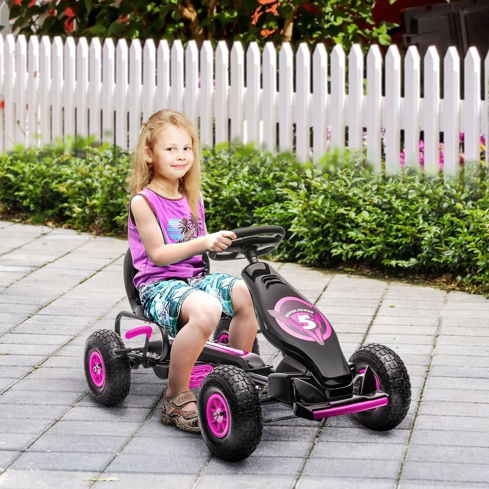 Children Pedal Go Kart, Raving Go Kart with Adjustable Seat, Inflatable Tyres, Shock Aborb, Handbrake, for Ages 5-12 Years - Pink