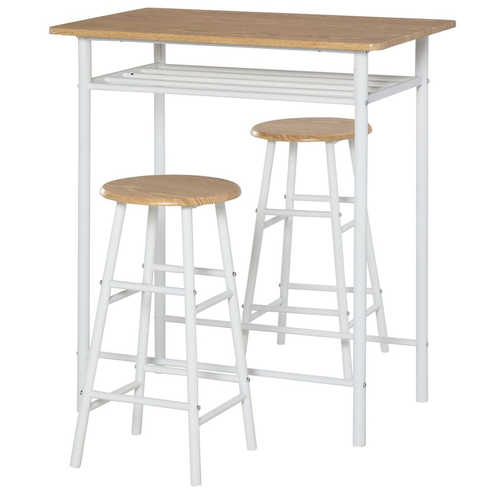 3Pc Bar Height Dining Set: White Oak; 3-Piece Kitchen Furniture for Small Spaces; Steel Frame; MDF Tops