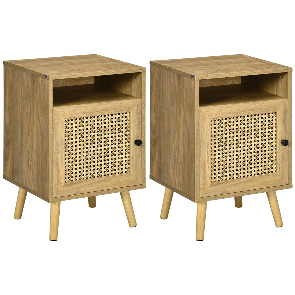 Nightstand, Rattan Bedside Table, Sofa Side Table w/ Cabinet, Shelf