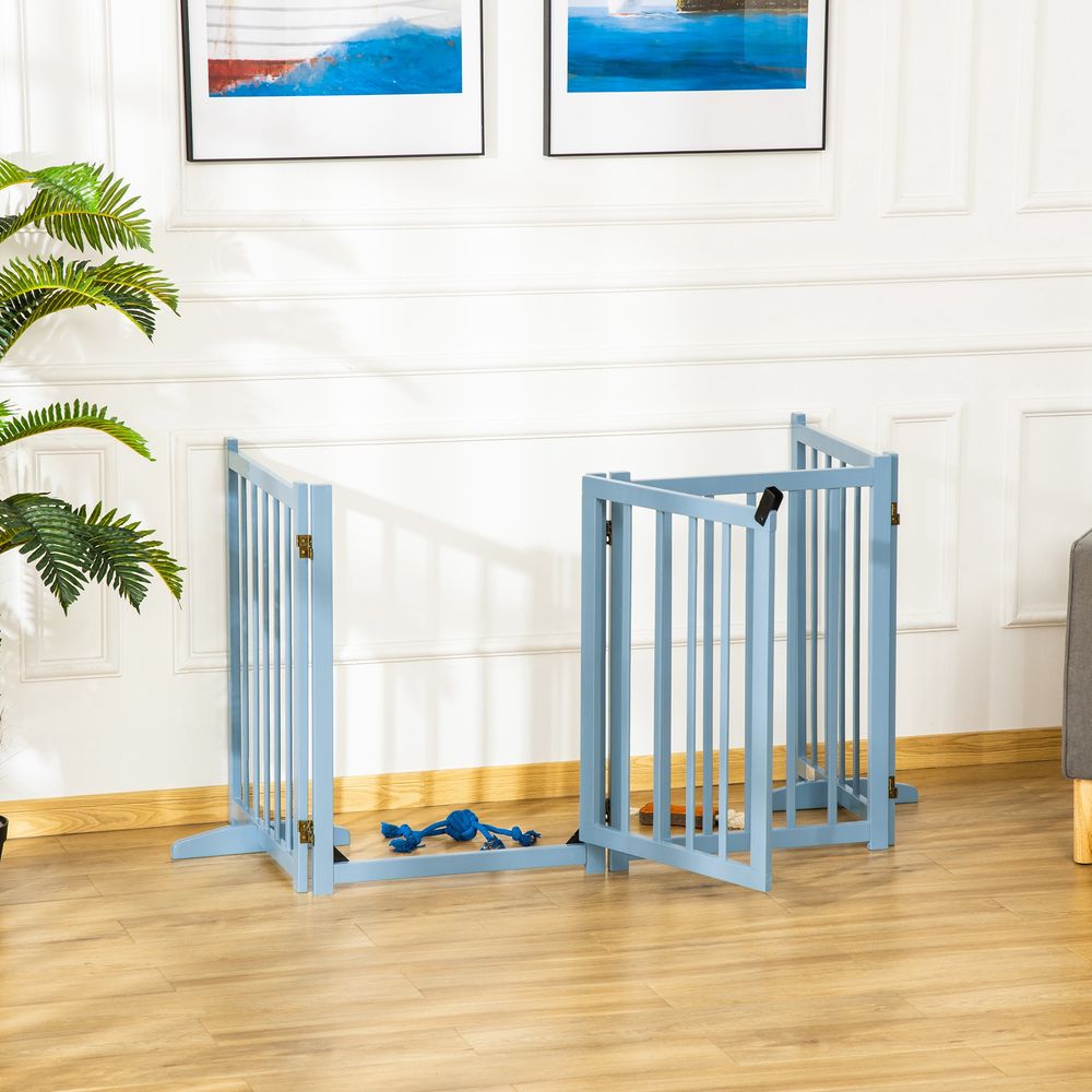 Freestanding Pet Gate for Small and Medium Dogs, Wooden Foldable Dog Safety Barrier with 4 Panels, 2 Support Feet, 80 cm Tall for Doorways, Stairs Blue-grey