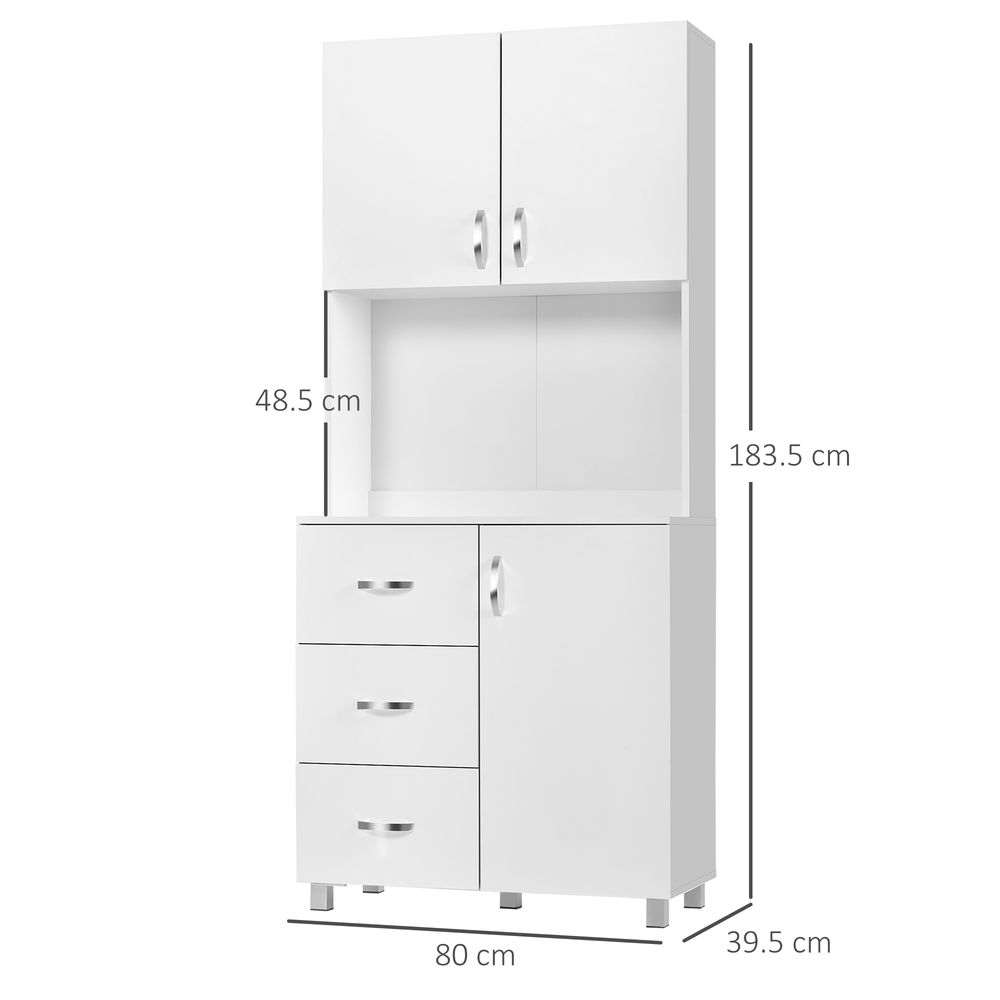 Free standing Kitchen Cupboard, Storage Cabinet with Doors and Sheleves, 3 drawers and Open Space, Adjustable Height Storage Unit, White