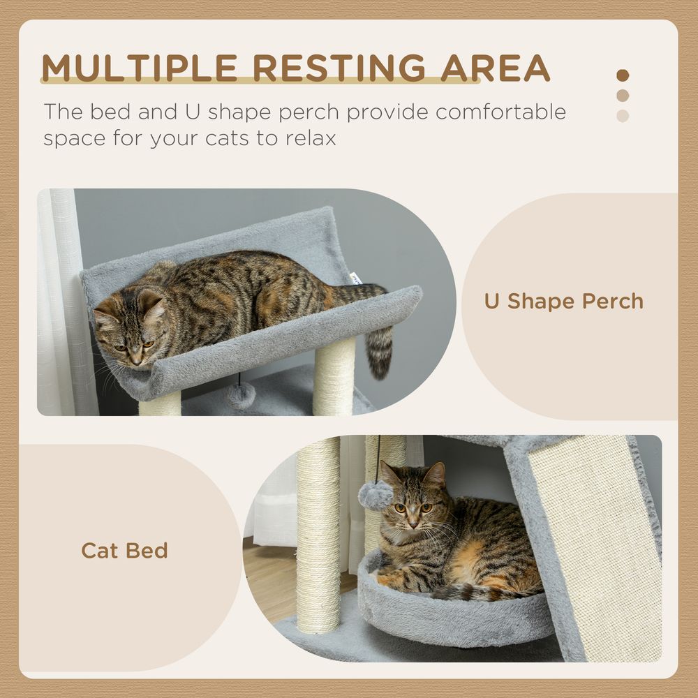 Indoor Cat Tree Tower: Scratching Posts, Pad, Light Grey, Toy Ball - Easy Assembly