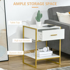 Modern Bedside Table, Nightstand with Drawer Shelf, Side Table for Living room, Bedroom White and Gold