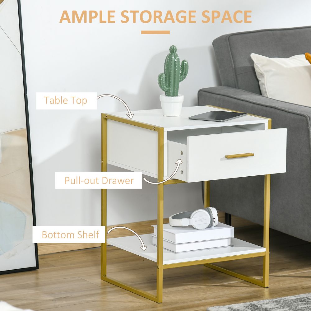 Modern Bedside Table, Nightstand with Drawer Shelf, Side Table for Living room, Bedroom White and Gold