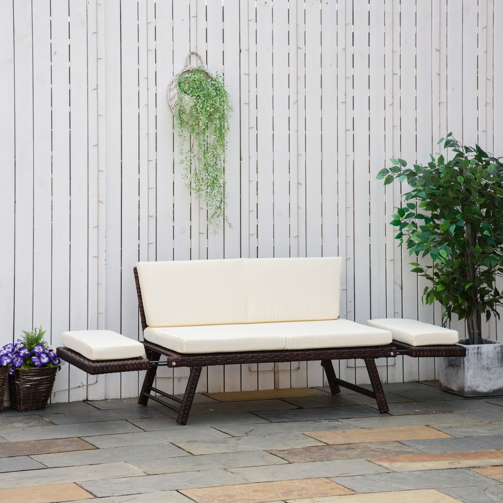 2-Seater Rattan Sofa Daybed - Convertible, Brown - Outdoor Furniture