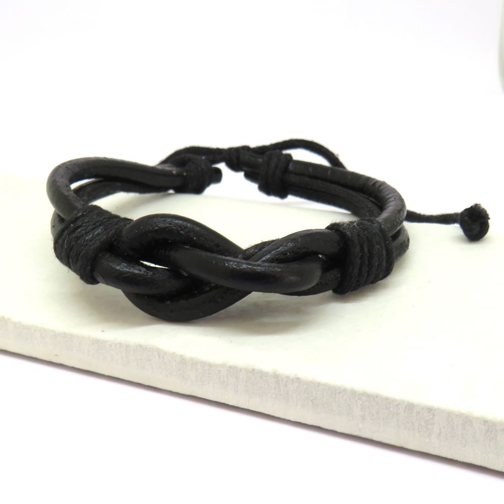 Leather Knot Bracelet - Men's Black Design - Adjustable Cord - Gift for Stylish Men