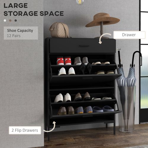 3-Drawer Shoe Cabinet with Adjustable Shelf for 12 Pairs of Shoes, Narrow Shoe Storage Cabinet with 2 Flip Doors for Hallway, Entryway, Black