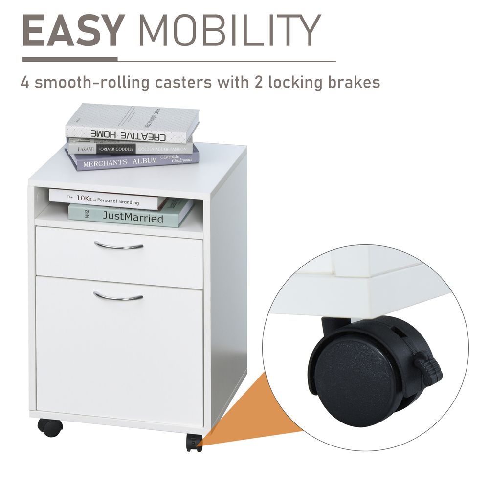 60cm Storage Cabinet w/Drawer Open Shelf Metal Handles 4 Wheels Office Home Organiser Mobile Printer White
