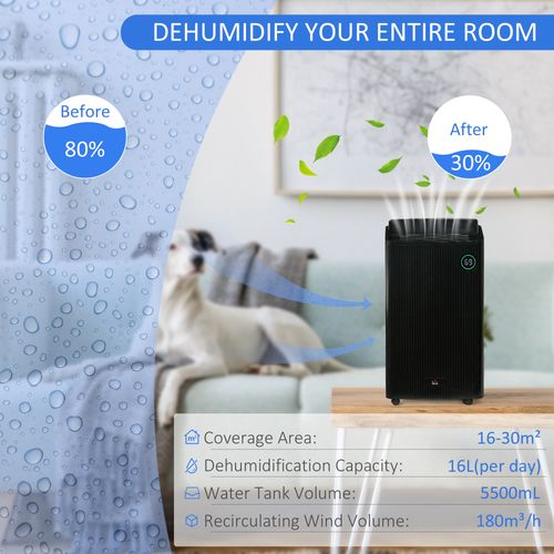 16L/Day Quiet Air Dehumidifier with Purifier, UVC, Ioniser, Timer