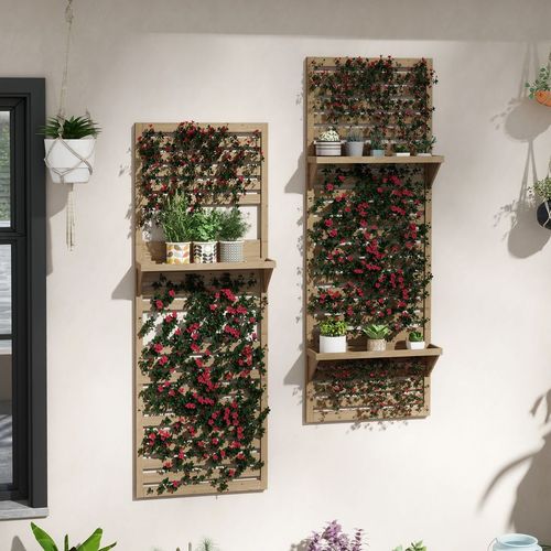 Wall Mounted Plant Stands Set of 2 with Shelves and Slatted Trellis