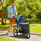3 Wheel Pet Stroller - Blue - Foldable Cat Pram + Soft Mat - Medium Small Dogs - All Terrains